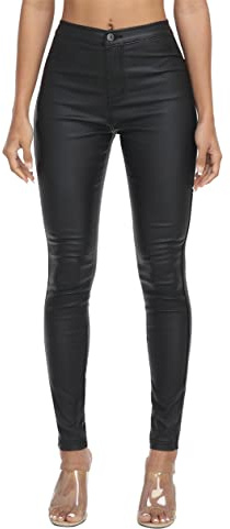 WAYRUNZ Womens High Waisted Faux Leather Pants PU Coated Legging Jeans(058-leather Black,9)