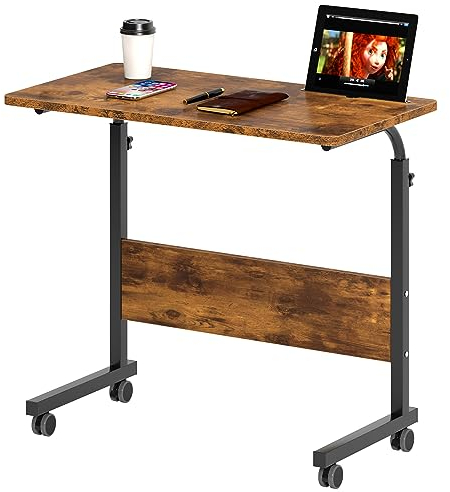 sogesfurniture höhenverstellbar Laptoptisch Computertisch mit Tablet Steckplatz, 80 * 40cm PC Tisch Sofatisch Pflegetisch Beistelltisch mit Rollen, Vintagebraun