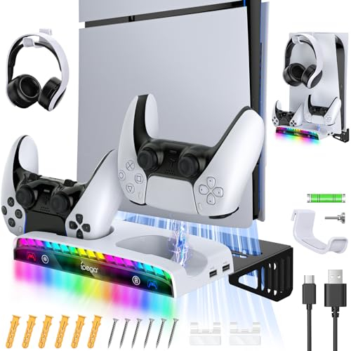 Gorixer RGB-Wandhalterung für PS5 Slim/Pro-Spielkonsole mit Ladestation - Stabiler Metallständer mit Controller-Ladegerät und Headset-Halterung & 3 USB-Hubs für PlayStation 5 Disc & Digital