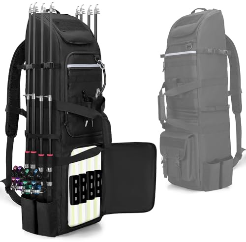 Rexmica Fishing Rod Bag Backpack Holds 8 Rods & Reels, Fishing Tackle Bag with Compartment for Tackle Boxes, Fishing Gear or Equipment, Fishing Pole Carrying Bag with Tactical Molle System