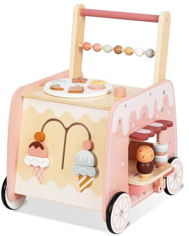Wooden Baby Walker, Multifunctional Ice Cream Cart Activity Toy for Learning to Push Walk with Wheels, Pretend Playset Ideal for Toddlers, Boys and Girls Ages 18-36M