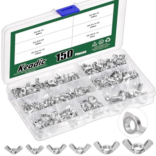 Keadic 150Pcs SAE Flügelmuttern Assortiment Set, 6-32, 8-32, 10-24, 1/4-20, 5/16-18, 3/8-16 Kohlenstoffstahl verzinkt Schmetterling Flügelmuttern Befestigungen für Home Building Industry