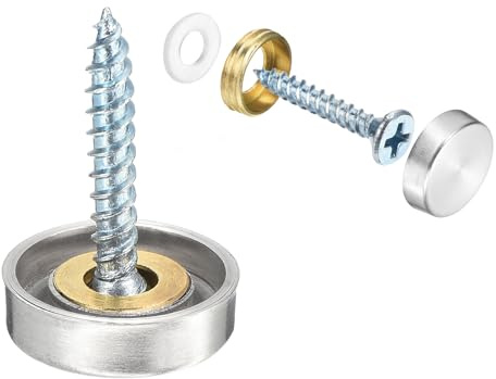 QUARKZMAN 12pcs Tornillos de Espejo, 16mm Tapas Decorativas de Acero Inoxidable 201 Fijaciones de Tornillos Tapones Planas para Cubrir Clavos para Carteles Publicitarios, Plateado
