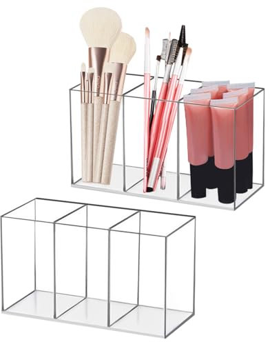 FAOKZE Organizer Trucchi,2PC Organizzatore di Trucco Acrilico Trasparente,Bagno Espositori Rossetto,con 3 Scomparti,Contenitore Pennelli Trucco,Porta trucchi organizer,per Comò,Camera da Letto,Bagno