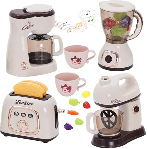 Kinder Küchengeräte Set mit Kaffeemaschine Mixer Toaster Rührgerät, Kinderküche Spielküche Zubehör, Kinder Kaffeemaschine Spielzeug mit Geräusch und Licht, Rollenspiel Geschenk für Kinder ab 3 Jahren
