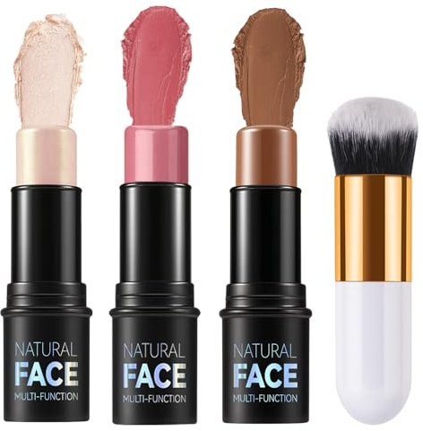3Pcs Contour Highlighter Blush Sticks with Brush - Cream Contour Bronzer Stick for Cheeks Eyes Lips, Long Lasting Waterproof Smooth Makeup Sticks for All Skin Type Face Makeup (Set E)