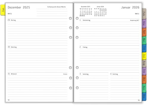 2026 Wochenplaner Einlage A5 6 Löcher, auf Deutsch, 1 Woche 2 Seiten mit Monatsübersicht Passwort Notizen Kontakt, von Jan.26 bis Dez.26, 100 GSM, Nachfüllpapier für Kalender 2026 Planer Organizer