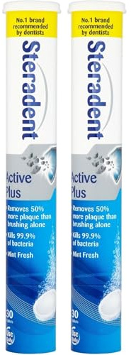 Steradent Active Plus Tablets 2 x 30 Tabs – Mint Fresh Denture Cleaner, Kills 99.9% Bacteria