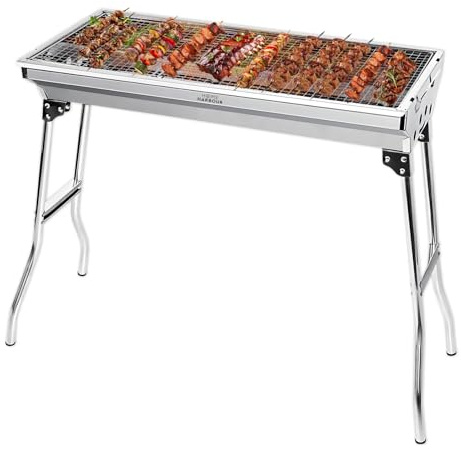 Portable foldable charcoal BBQ grill made from durable stainless steel. Ideal for garden parties, camping, picnics and outdoor cooking. Easy to set up with vents for even heat and smoky flavour.