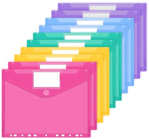 JEFURE A4 Plastic Wallets 10PCS, 11-Hole Waterproof Plastic File Folders, Document Folder Wallets with Label Pocket for Document and Office Supplies Organization, 5 Colors