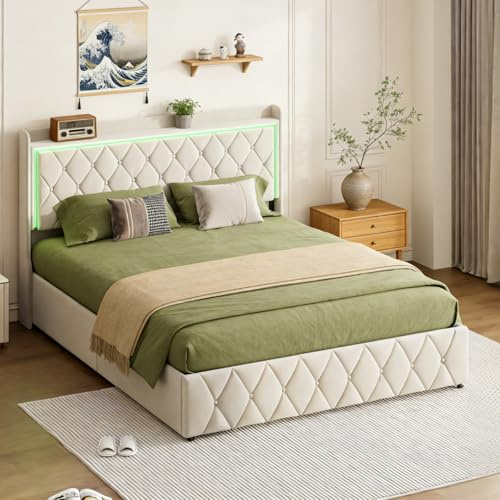 FOERPL Cama con Cajón 140x190 con LED, Cama Tapizada con Almacenamiento, Cama Doble con LED, Estructura de Cama con Cabecero de Terciopelo, Cama Tapizada con Somier de Madera, sin Colchón (E Beige