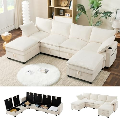 Bladez Sofá cama modular en forma de U, sofá esquinero con función de dormir y reposapiés, con puertos USB, espacio de almacenamiento, soporte para bebidas, sofá tapizado en forma de L, sofá tapizado