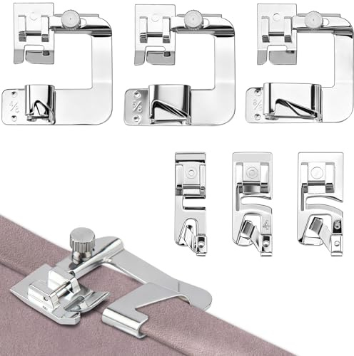 Lunhoo 6-Pc Sewing Machine Feet Set, incl. Narrow Rolled Hem Presser Foot 3mm, 4mm, 6mm, Wide Rolled Hem Foot 4/8”, 6/8”, 8/8” for Janome, Brother, Singer, Overlocker Sewing Machine Accessories