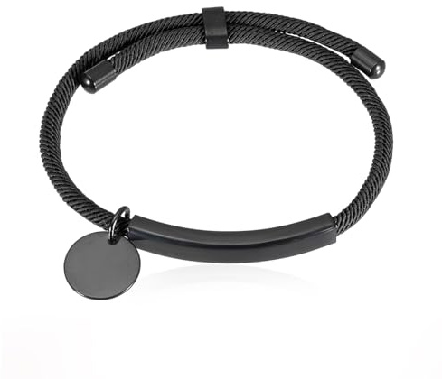 sourcing map Braided Adjustable Stainless Steel Bracelets, 3mm Personalized Handmade Braided Rope Wrap Stainless Steel Engravable Bracelets with Bag for Mens Womens(Black/Silver Tone)