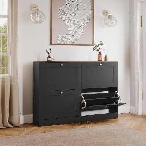 Vida Designs 4 Drawer Shoe Cabinet | Black & Oak | Space-Saving Storage for 20+ Pairs | 80H x 105W x 23.5D cm | Anti-Tip | Modern Hallway Unit
