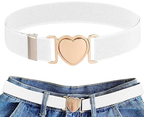 Justerbart barnbälte, självfästande midjeband, hjärtspänne barnbälte, elastiska modebälten för pojkar flickor, skoluniform klänningsbyxor jeanskjolar vardagskläder 60 cm, Vitt, Refer to description