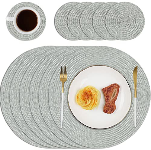 Homcomodar Round Placemats and Coasters Set of 6 Braided Woven Table Place Mats for Dining Table(Grey)