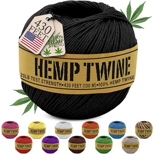 Hemp Twine for Gardening - Twine for Crafts - Organic Natural Hemp String for Jewelry Making - Strong Durable Cord for Decoration, Macrame + Cooking - 1MM, 100G/430 Ft. - 20 lb. Test Strength - Black