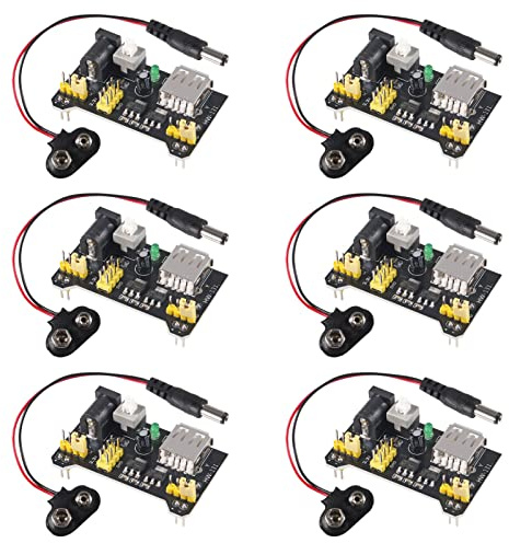 AITIAO 6Pcs MB102 3.3V/5V Breadboard Power Supply Module with 6Pcs 9V Battery Clip Buckle T-Type Power Cable Male 2.1MM DC Jack Plug
