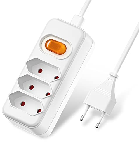 2M Verlängerungskabel 3-Fach Eurostecker Mehrfachsteckdose, 1 bis 3 Euro Verlängerung Eurosteckdosenleiste/Eurosteckerleiste, Eurosteckdose Verteiler mit Schalter Max.625W für TV Computer, Weiss