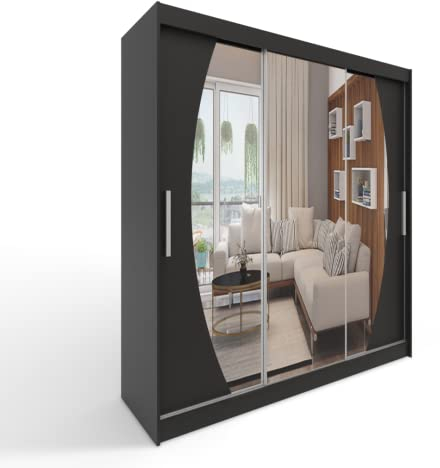 ML Furniture A5 Schiebetüren Kleiderschrank 250 x 215 x 58 cm mit Spiegel - Schlafzimmermöbel, Aufbewahrung - Mehrzweckschrank - Farbe: Schwarz - 3 Schiebetüren