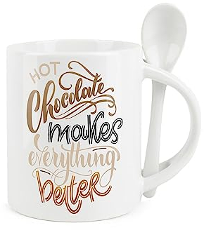 Purely Home Ensemble tasse à chocolat chaud et cuillère – Chocolat chaud rend tout mieux – Tasse à café/thé en céramique blanche avec cuillère dans la poignée
