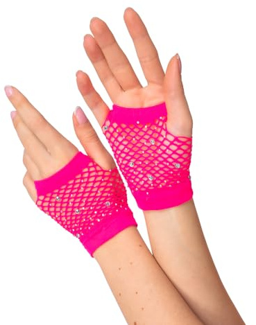 Wicked Costumes Adult 80's Short Net Gloves with Rhinestones - Neon Pink