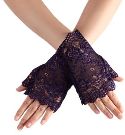 Whakano 1 par dam fingerlösa spetshandskar, korta bröllopshandskar, korta skurna fingerlösa handskar dam flickor brud, för halloween, bankett, fest, bröllop, te party tillbehör, röd, lila, One size