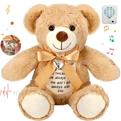 Silipull 12 Inch Bear Stuffed Animals with Voice Recorder Set 30 Seconds Voice Sound Recorder Module Soft Plush Remembrance Bear with Photo Pendant with Zipper Memorial Gifts(Brown)