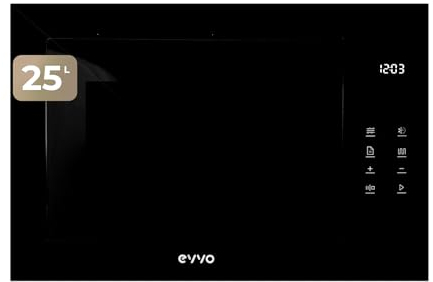 EVVO Microondas Integrable Mi45 Glass Bl - Horno Microondas Grill, 1200W, 25L Capacidad, 8 Funciones, Acero Inoxidable, Display Digital, Panel Táctil, Bloqueo Infantil, Temporizador 60 Min, Negro