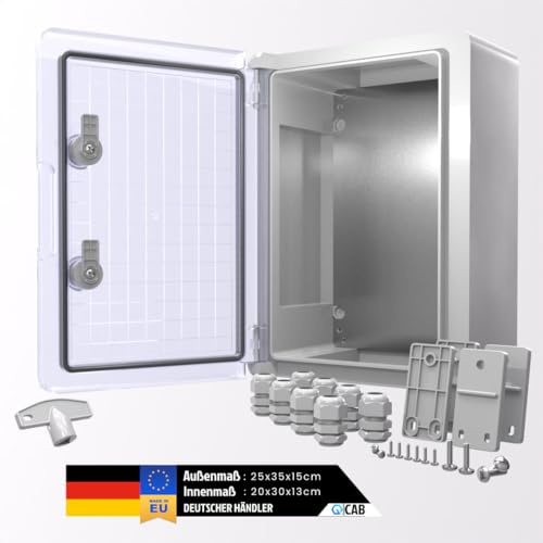 QCAB Wasserdichter Verteilerkasten IP65 – Robustes ABS Kunststoffgehäuse für Außen- & Garten: Schalt-, & Steckdosenkasten mit verzinkter Montageplatte & Türdichtung (25 x 35 x 15 cm (Transparent))