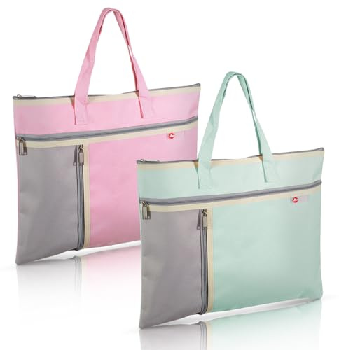 Realand 2Pcs A4 Waterproof Document Bag File Organizer, 3 Pockets Oxford Zipper Pouches for Organizing with Handle, Notary Bag for Paper Books Project Tote Bag, Green and Pink