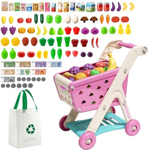 AIQI Kinder Einkaufswagen Spielset, Zubehör für die Kaufladen 98 Stück mit Spielzeug Einkaufstasche, Lebensmittelgeschäft Rollenspiel Spielset Küche Spielzeug Geschenk für Jungen und Mädchen ab 3