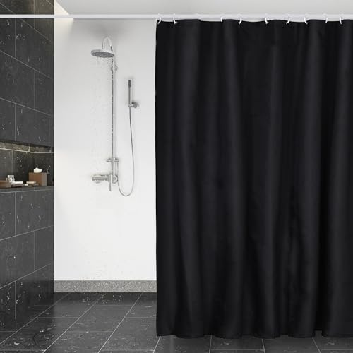 DUFU Wasserdichter Duschvorhang Anti-Schimmel 180 x 200cm Waschbar Schnelltrocknend Textil Stoff Polyester Badewanne für Vorhang Schwarz Halbtransparent Duschvorhang mit 12 Duschvorhängeringen