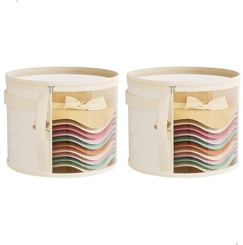 xyuayamz Hutschachtel Rund mit Deckel, Faltbare Runde Hutbox, Hut Aufbewahrungsboxen mit Reißverschluss, Groß Hutkoffer für Schrank Oder Reise, Durchsichtigem Fenster, 2 Stück, Beige