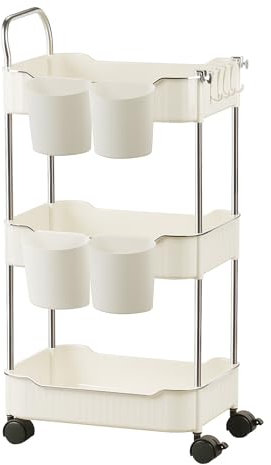 Hengsong Rollwagen mit 3 Ebenen,Beistellwagen mit Zwei Rollen,mit Kunststoffhaken&Aufhängebecher aus Kunststoff,Allzweckwagen für Küche, Badezimmer, Schlafzimmer, Büro,36x26x69cm,Beige
