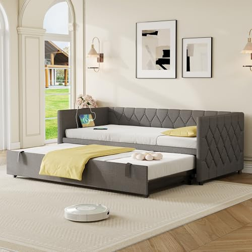 Gxffipw 3ft Upholstered Daybed Single Bed with Pull Out Bed 91x191 cm and USB Type C, Sofa Beds 90x190 cm with Charging Station for Living Room and Bedroom, Linen, Grey, No Mattress