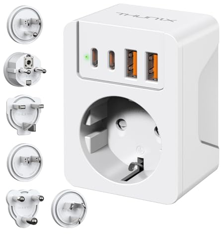 THUNIX Adaptador Enchufe Universal, Enchufe Universal Viaje con 2 USB y 2 USB C(PD20W), Adaptador de Viaje con 6 Enchufes reemplazables para USA, UK, Irland, Austuralia, Sudafrica,Japan-Blanco
