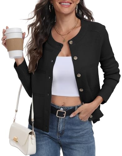 PrinStory - Cárdigans para mujer de punto trenzado, manga larga, con botones, jersey de dama con frente abierto, prenda de punto elegante para exteriores, Negro, XL