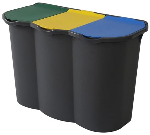 FERCASASHOP Contenitore Pattumiera per Raccolta Differenziata, 80 Litri, Giallo-Blu-Verde, 3 Scomparti Separati, per Plastica Carta Vetro, Uso Domestico
