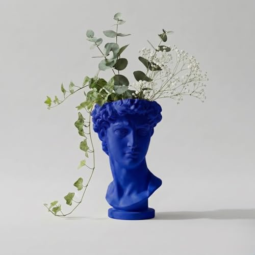 Vaso Busto David di Michelangel, Scultura Decorativa in PLA Bianco, Stile Classico Rinascimentale, Organizer per Pennelli Trucco e Penne, Made in Italy (blu)