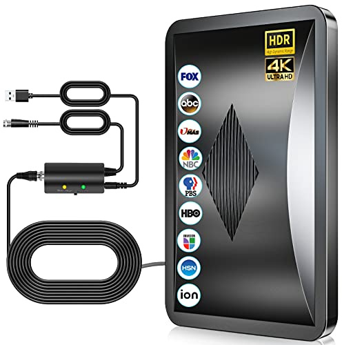Antenne TV Intérieure 700KM+, Antenne TNT Intérieure avec Amplificateur de Signal Ultra Puissant, 360° Réception Chaînes Locales HD, Compatible Tous Les Tvs Supporte 8K, 4K, 1080P-Câble Coaxial 10M