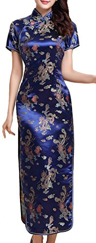 UK Seller Navy Blue Dragon & Phoenix Chinese Long Evening Party Dress Cheongsam Qipao Despatch Same Working Day (UK 18)