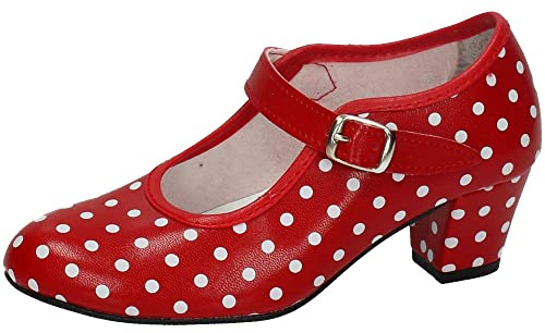 MADE IN SPAIN 17 Sevillanas Flamencas Rojas con Lunares Blancos, Pasos de Baile NIÑA Zapatos TACÓN Rojo 27