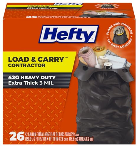 Hefty Load & Carry Heavy Duty Contractor Large Trash Bags, 42 Gallon, 26 Count