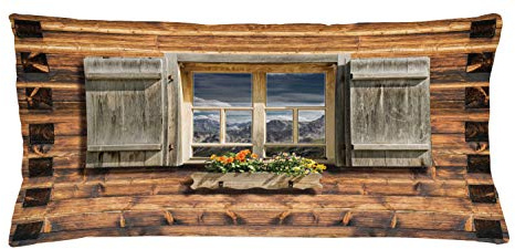 ABAKUHAUS Rústico Funda para Almohadón, Vista Desde la montaña Hut, Decorativo, Estampado en Ambos Lados, 40 x 90 cm, Verde Marrón