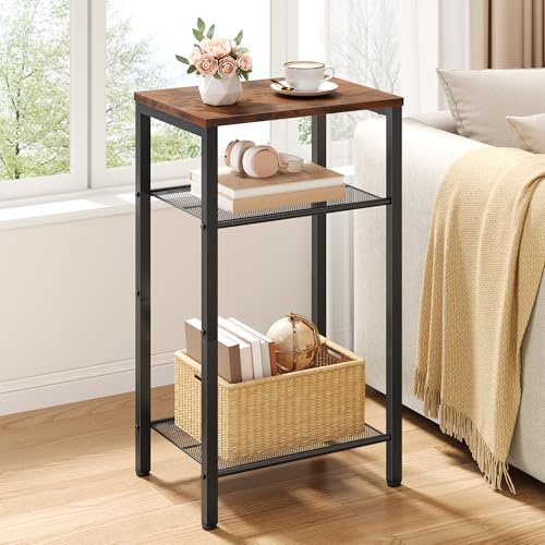 Hoctieon 3 Tier End Table, Telephone Table, Tall Side Table with Storage, Small Nightstand for Small Spaces, Metal Frame, For Living Room, Bedroom, Sofa Couch, Hall, Easy Assembly, Rustic Brown