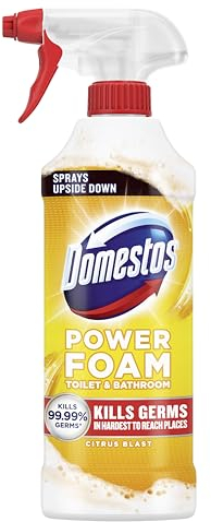 Domestos Power Foam Citrus Blast Toilet & Bathroom Cleaner Spray sprays upside down & eliminates 99.99% of germs* for cleaning inside the toilet & around the bathroom 450 ml