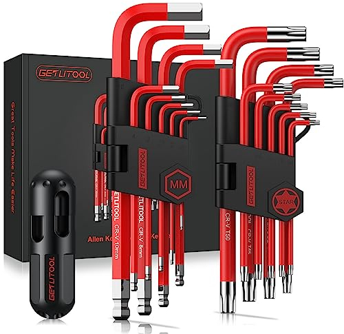 GETLITOOL Jeu de Clé Allen 18PCS Clé Allen & Clés Torx Set de Clés Hexagonales HX 1,5mm-10mm &TX T10-T50 Professionnelles Portable avec Support Rabattable Poignée en T