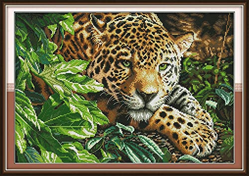 ABEUTY Cross Stitch Kits Leopard for Adults Pre Printed or NOT, DIY 14 Count Embroidery Sewing Starter Kit Stamped or Unstamped DMC Needlework Easy Beginners (Unstamped)